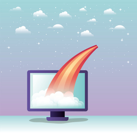 rocket start up with desktop computer vector illustration design