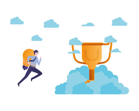 businessman in the clouds with trophy avatar character vector illustration desingのイラスト素材