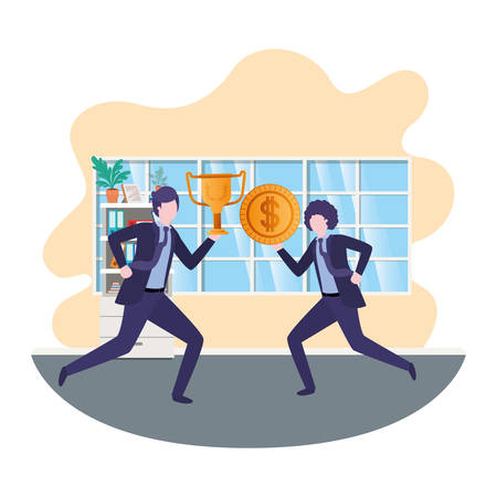 businessmen with trophy and coin in living room vector illustration desingのイラスト素材
