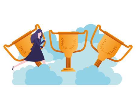 businesswoman in the clouds with trophies character vector illustration desingのイラスト素材