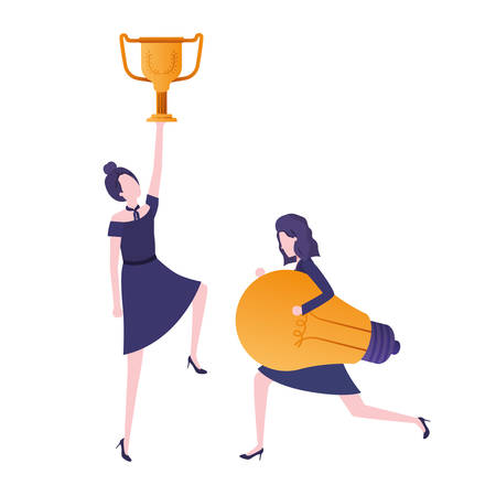 businesswomen with trophy and light bulb character vector illustration desingのイラスト素材