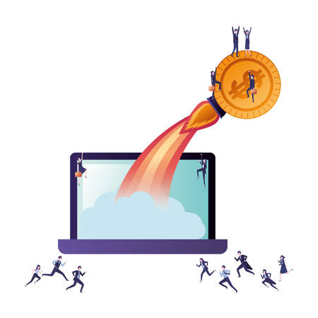 latop screen and coin with rocket avatar charactervector illustration desingのイラスト素材