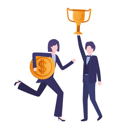 business couple with trophy and coin character vector illustration desingのイラスト素材