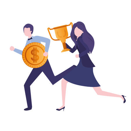 business couple with trophy and coin character vector illustration desingのイラスト素材