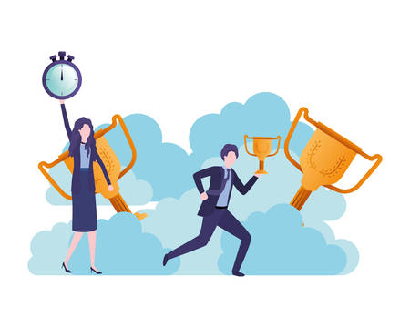 business couple with clock and trophy avatar character vector illustration designのイラスト素材