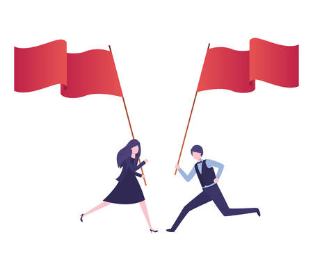 business couple running with flag avatar character vector illustration desingのイラスト素材