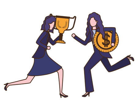 businesswomen with trophy and coin character vector illustration desingのイラスト素材