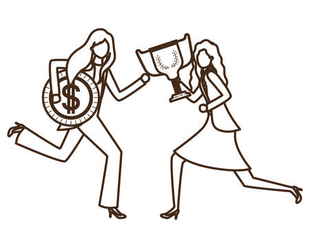 businesswomen with trophy and coin character vector illustration desingのイラスト素材