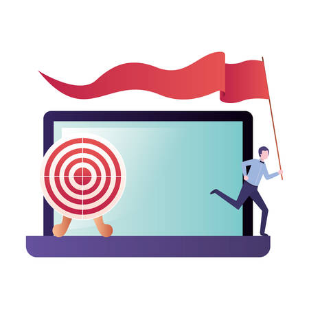 businessman running with flag and computer screen vector illustration designのイラスト素材