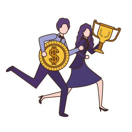 business couple with trophy and coin character vector illustration desingのイラスト素材