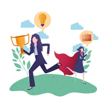 businesswomen with hero cape and device screen vector illustration designのイラスト素材