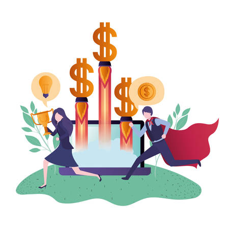 business couple with hero cape and device screen vector illustration designのイラスト素材