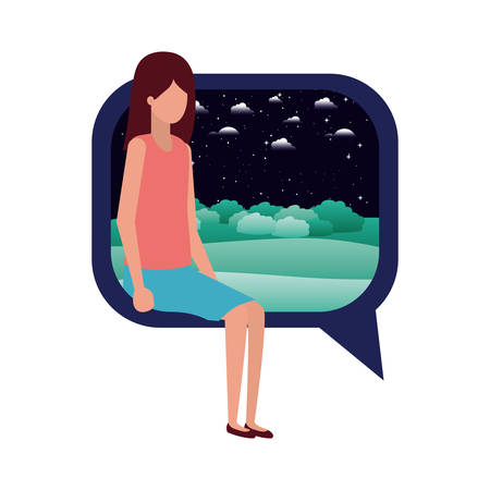 young woman sitting on speech bubble with landscape vector illustration designのイラスト素材