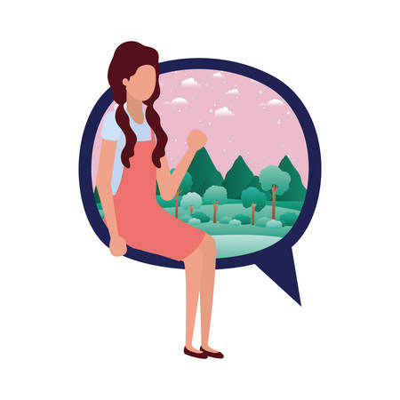 young woman sitting on speech bubble with landscape vector illustration designのイラスト素材