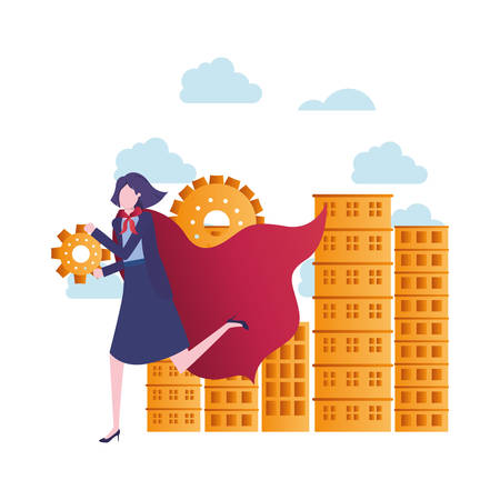 businesswoman with buildings and hero cloak vector illustration designのイラスト素材