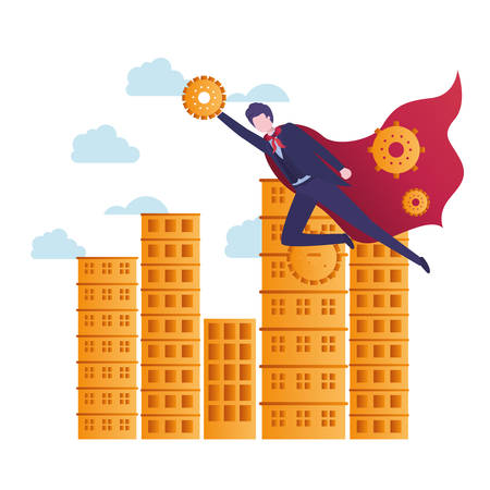 businessman with buildings and hero cloak vector illustration designのイラスト素材