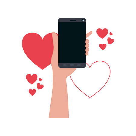 hand with smartphone and hearts icons vector illustration desingのイラスト素材