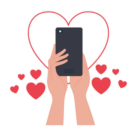 hands with smartphone and hearts icons vector illustration desingのイラスト素材