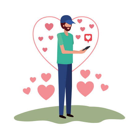 man with smartphone and heart character vector illustration desingのイラスト素材