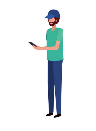 young man with smartphone avatar character vector illustration desingのイラスト素材