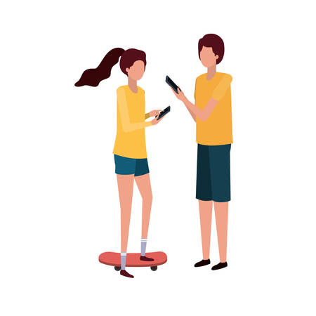 young couple with smartphone avatar character vector illustration desingのイラスト素材