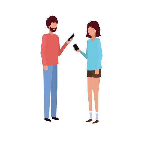 young couple with smartphone avatar character vector illustration desingのイラスト素材