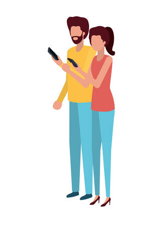 young couple with smartphone avatar character vector illustration desingのイラスト素材