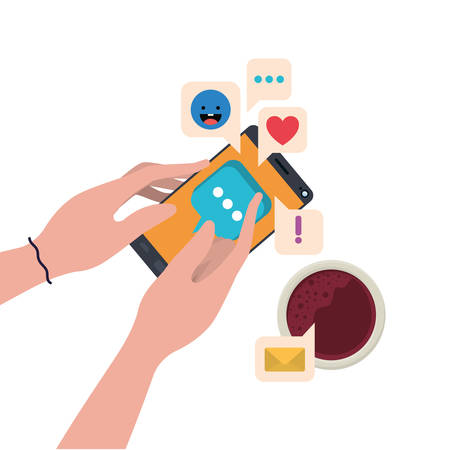 hands with smartphone and coffe isolated icon vector illustration desingのイラスト素材