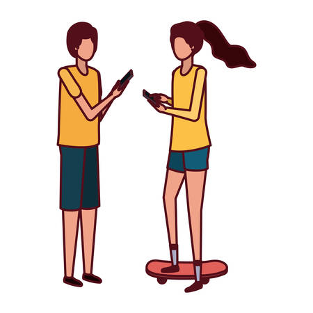 young couple with smartphone avatar character vector illustration desingのイラスト素材