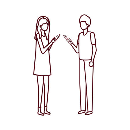 young couple with smartphone avatar character vector illustration desingのイラスト素材