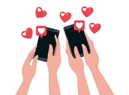 hands with smartphone and hearts isolated icon vector illustration desingのイラスト素材