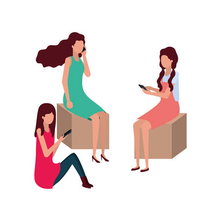 women sitting with smartphone avatar character vector illustration desingのイラスト素材
