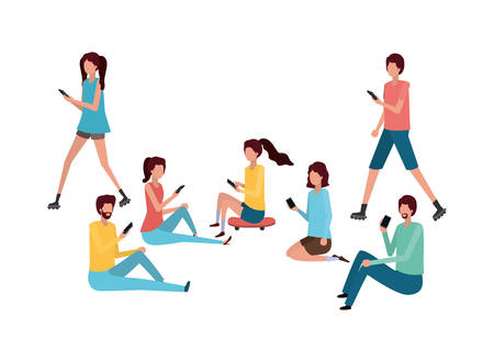 group of people with smartphone avatar character vector illustration desingのイラスト素材