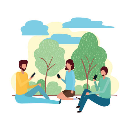 group of people with smartphone in landscape character vector illustraon desingのイラスト素材