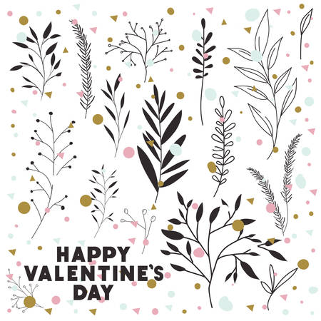 happy valentines day card with set of leafs vector illustration designのイラスト素材