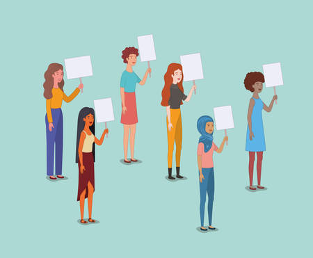 group of women characters with feminist message vector illustration designのイラスト素材