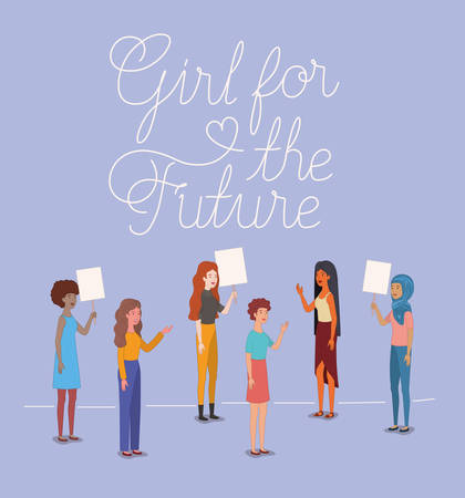 group of women characters with feminist message vector illustration designのイラスト素材