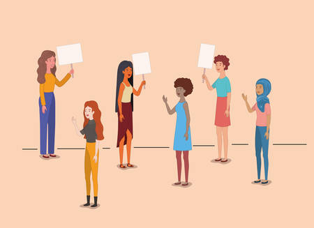 group of women characters with feminist message vector illustration designのイラスト素材