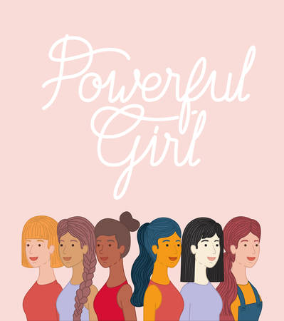 group of women characters with feminist message vector illustration designのイラスト素材