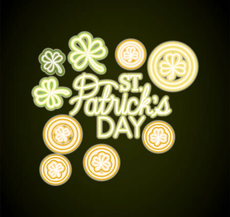 st patricks day neon label with coins and clovers vector illustration designのイラスト素材