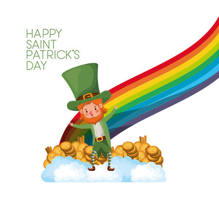 happy saint patricks day label with leprechaun and rainbow vector illustration desingのイラスト素材