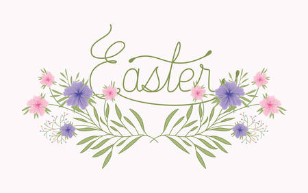 happy easter card with handmade font and flowers vector illustration designのイラスト素材