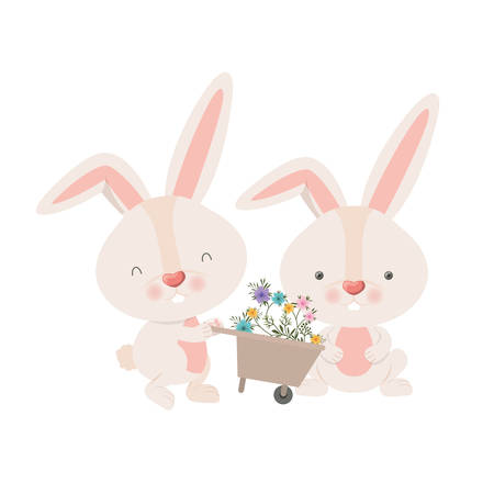 bunnies with wheelbarrow and flowers isolated icon vector illustration desingのイラスト素材