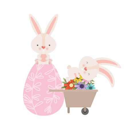 bunnies with wheelbarrow and easter eggs icon vector illustration desingのイラスト素材