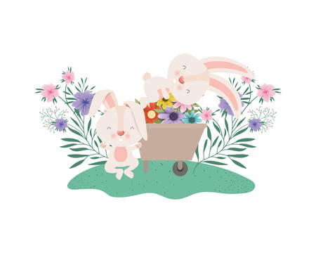 bunnies with wheelbarrow and flowers isolated icon vector illustration desingのイラスト素材
