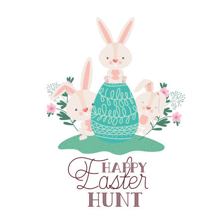 happy easter hunt label with egg and flowers icon vector illustration desingのイラスト素材