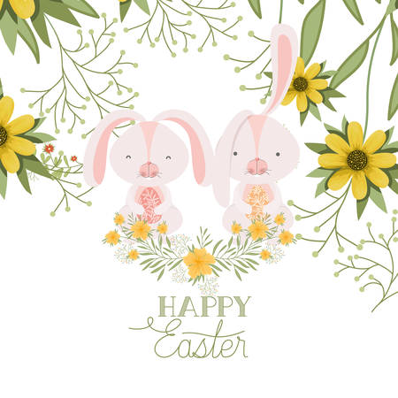 happy easter label with egg and flowers icon vector illustration desingのイラスト素材