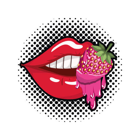 female mouth dripping with strawberry fruit vector illustration designのイラスト素材