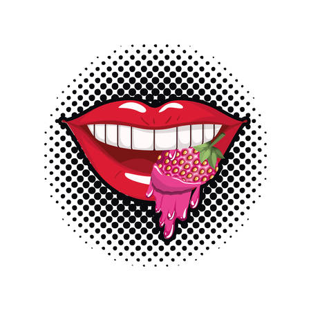 female mouth dripping with strawberry fruit vector illustration designのイラスト素材