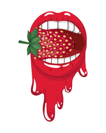 female mouth dripping with strawberry fruit vector illustration designのイラスト素材